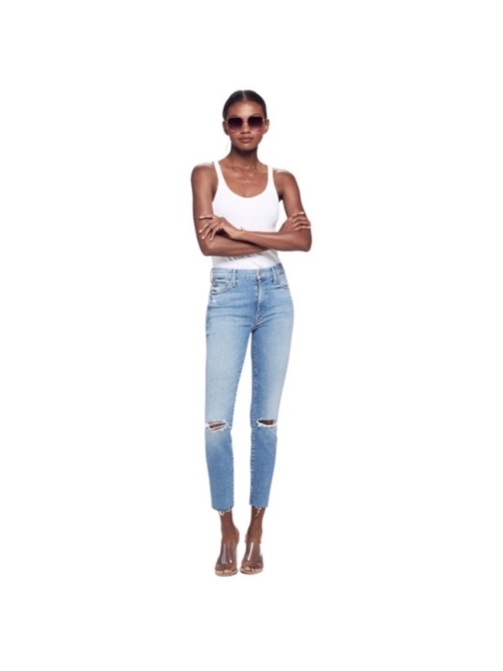 MOTHER Light Blue Skinny Jeans with Knee Rips - Women's